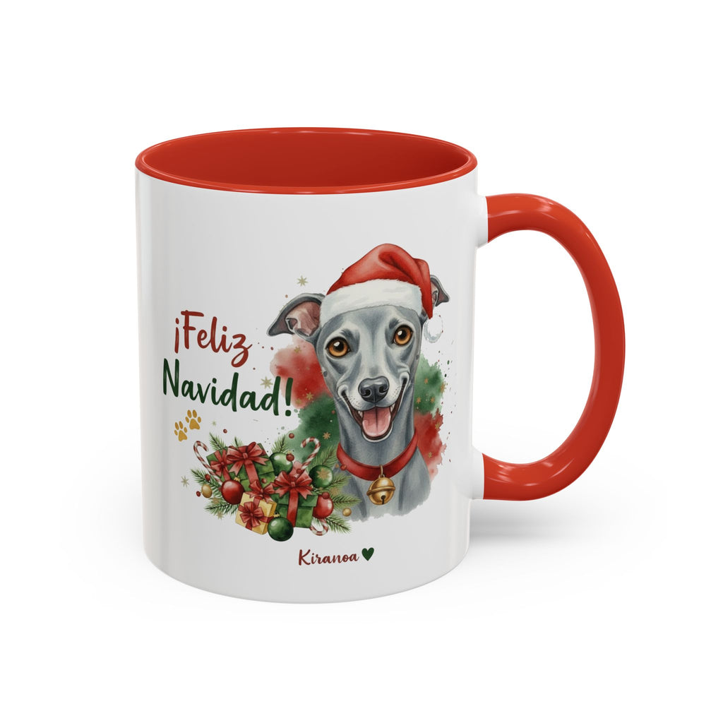 Taza Navideña Galgo Italiano con frase ¡Feliz Navidad! vista frontal Kiranoa