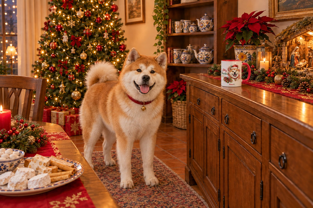 Akita junto a taza roja de Navidad con ilustración en acuarela escena lifestyle Kiranoa Navidad