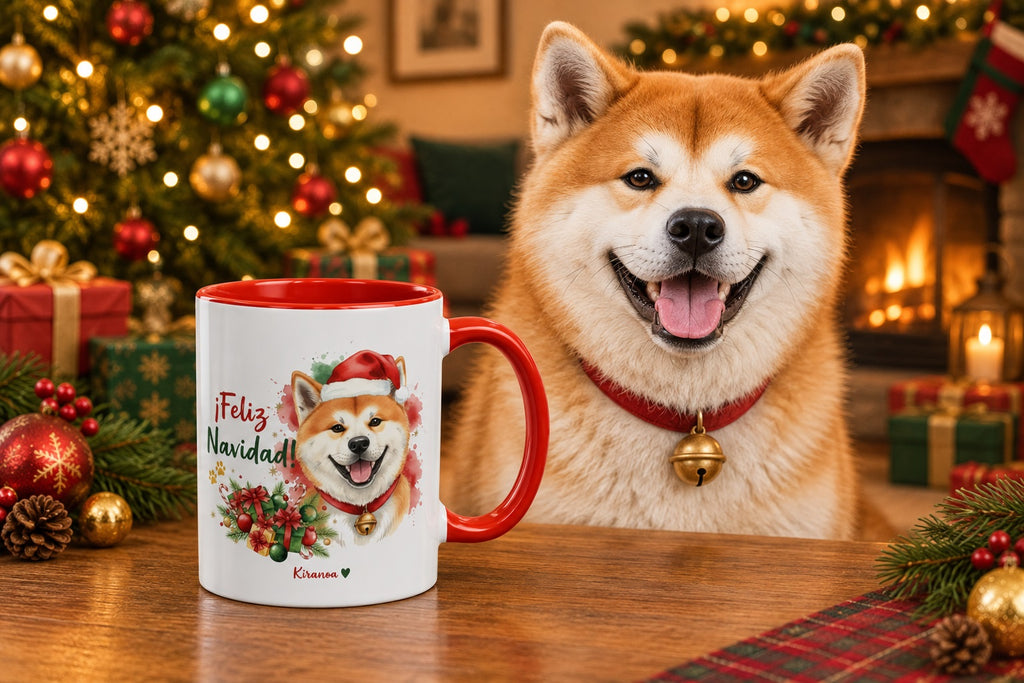 Akita junto a taza roja de Navidad con ilustración en acuarela escena lifestyle Kiranoa