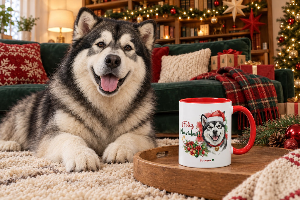Alaskan Malamute junto a taza roja de Navidad con ilustración en acuarela escena lifestyle Kiranoa