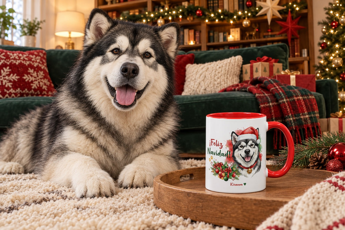 Alaskan Malamute junto a taza roja de Navidad con ilustración en acuarela escena lifestyle Kiranoa