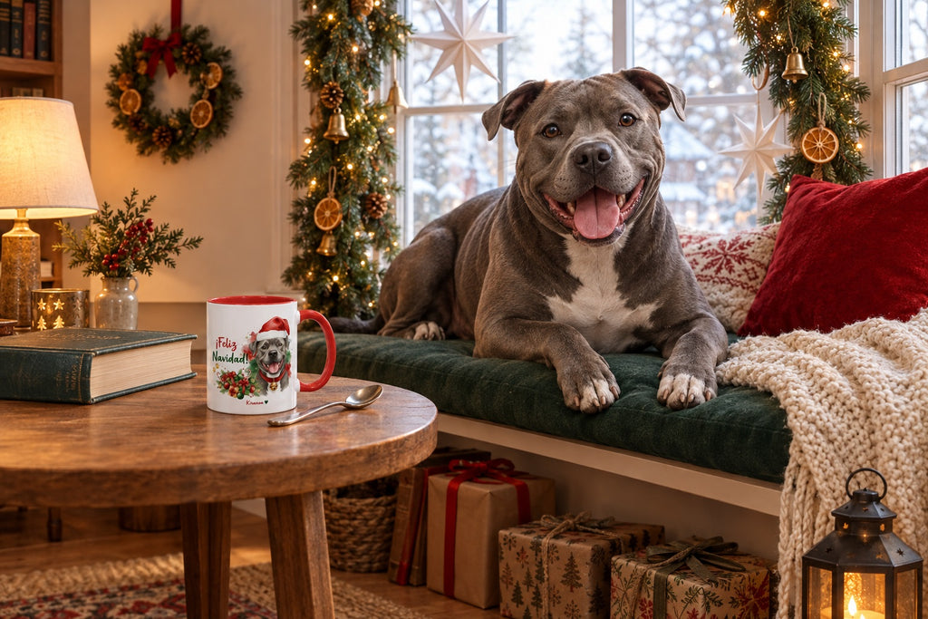 American Pit Bull Terrier Blue junto a taza roja de Navidad con ilustración en acuarela escena lifestyle Kiranoa