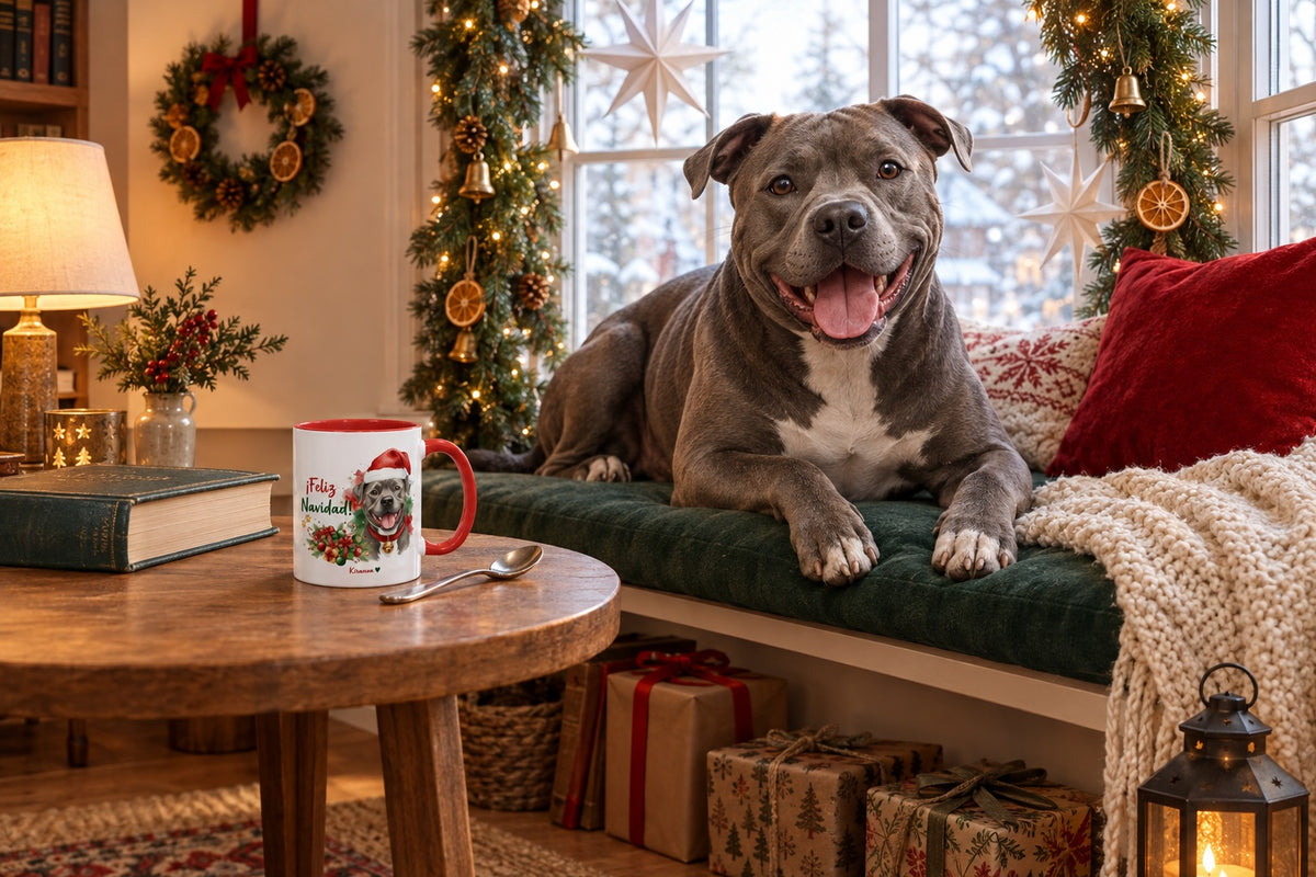 American Pit Bull Terrier Blue junto a taza roja de Navidad con ilustración en acuarela escena lifestyle Kiranoa