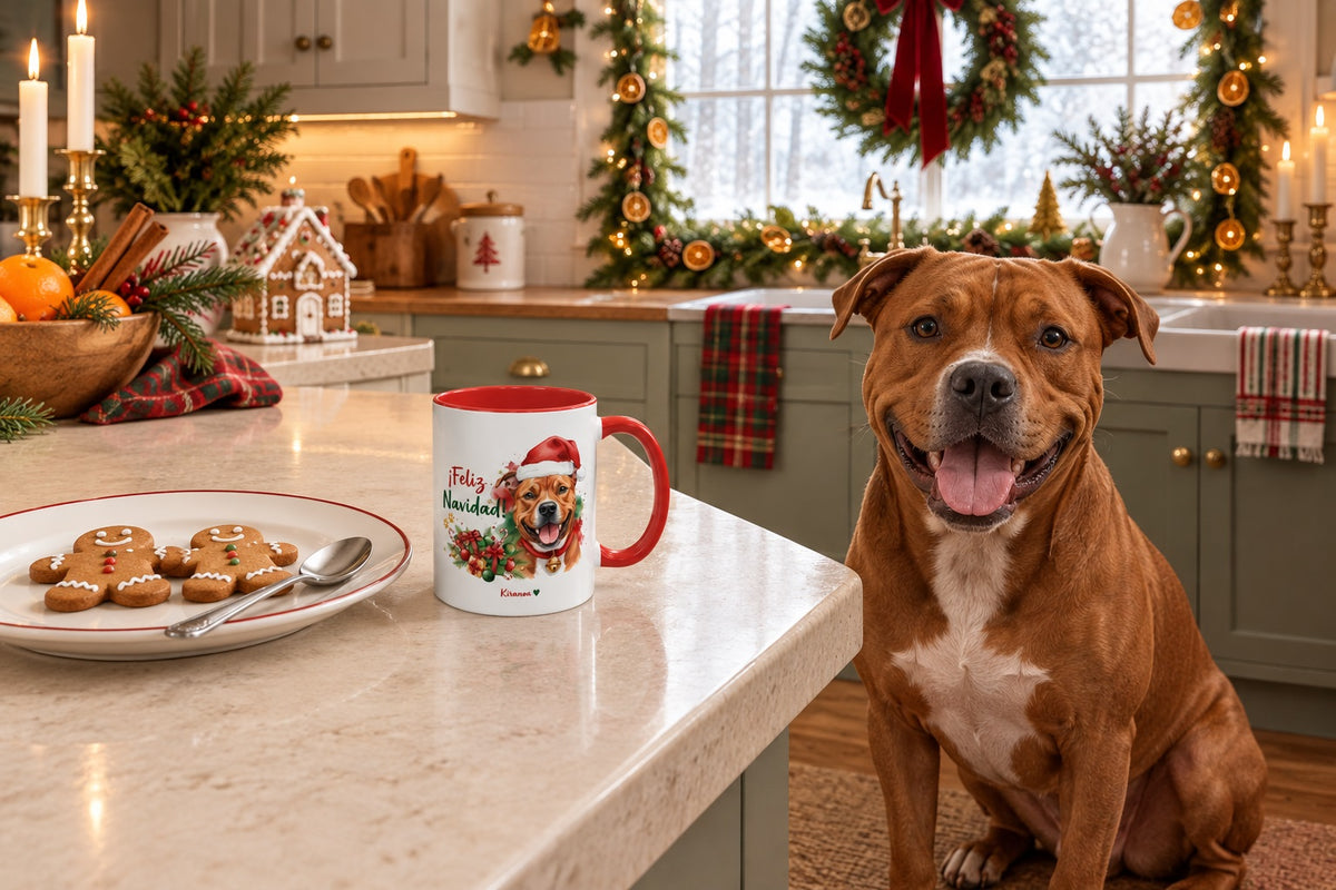 American Pit Bull Terrier junto a taza roja de Navidad con ilustración en acuarela escena lifestyle Kiranoa