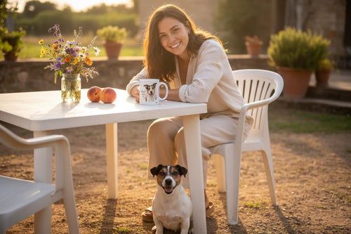 Bodeguero Andaluz junto a su dueña en jardín con taza cerámica Kiranoa, flores y melocotones