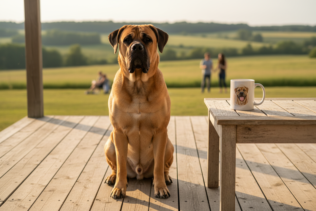 Boerboel en porche de casa de campo con taza Kiranoa — Solo mi dueño sabe lo manso que soy