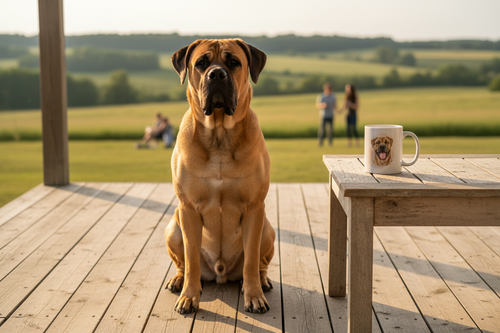 Boerboel en porche de casa de campo con taza Kiranoa — Solo mi dueño sabe lo manso que soy