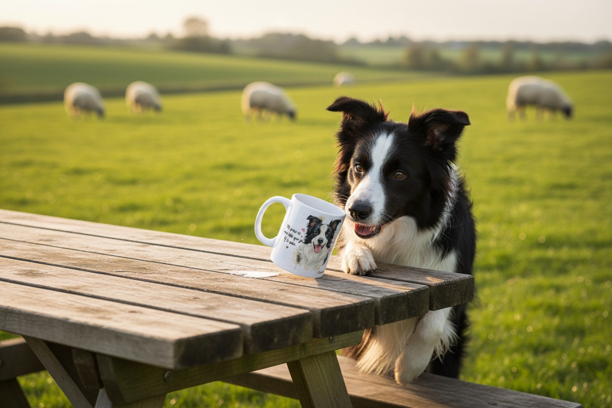 Border Collie volcando taza Kiranoa con ovejas al fondo — Mi perro es más listo que yo y lo sabe