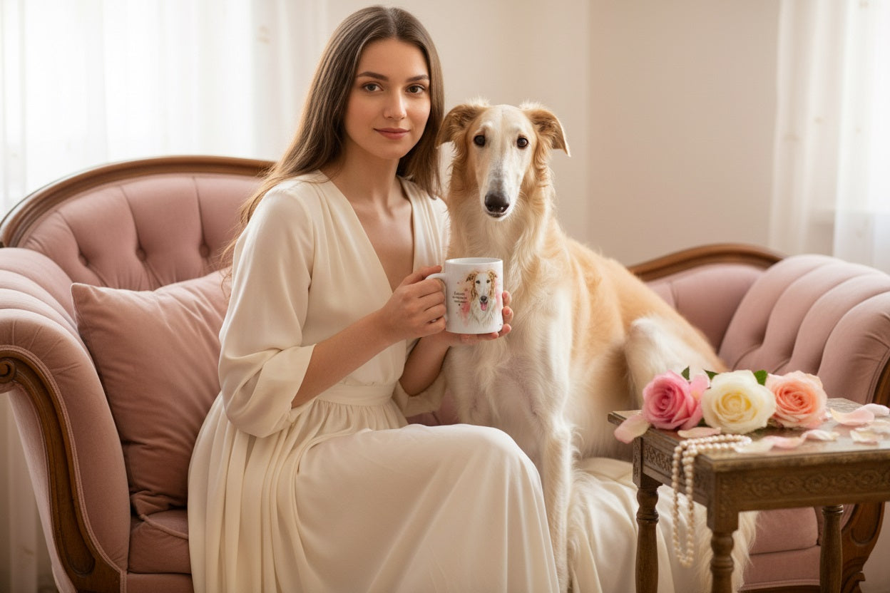 Borzoi junto a su dueña en sofá vintage con taza cerámica Kiranoa, rosas y pétalos rosas