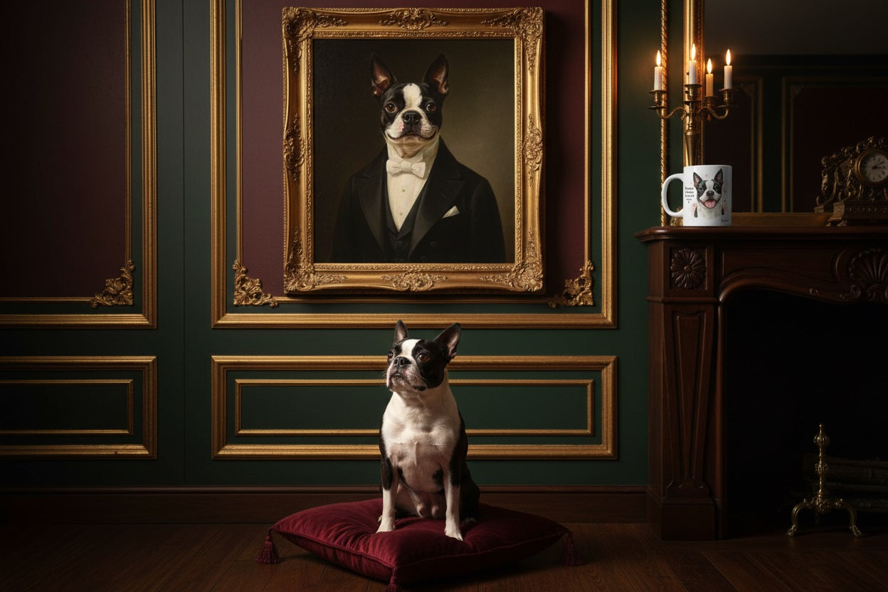 Boston Terrier junto a su retrato renacentista en sala señorial con taza cerámica Kiranoa