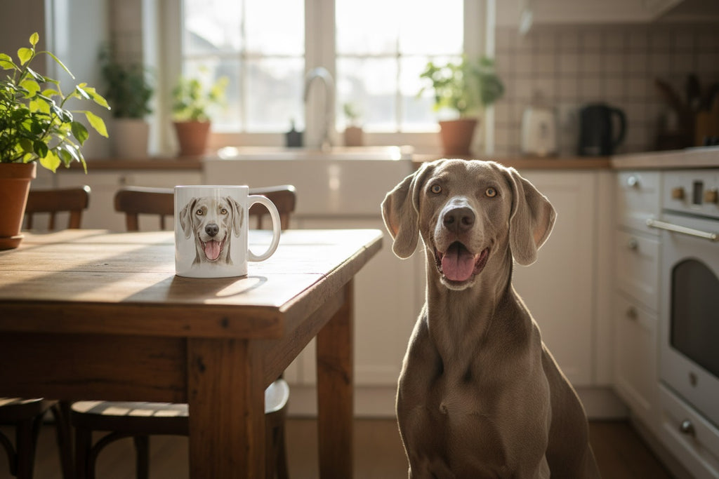 Braco de Weimar alegre en cocina junto a taza cerámica con ilustración acuarela – Kiranoa