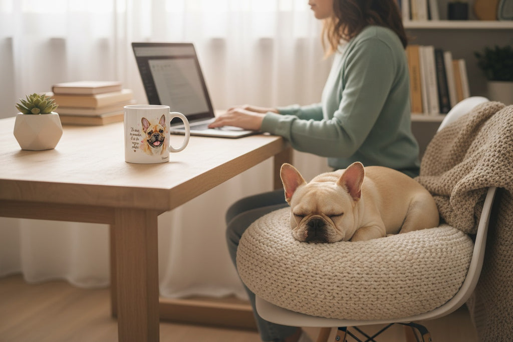 Bulldog Francés teletrabajando junto a su dueño con taza Kiranoa — Tú eres su mundo él es tu mejor parte
