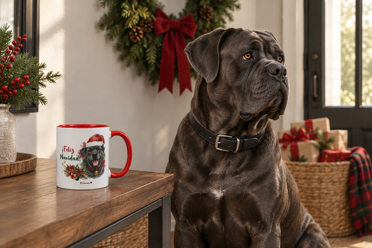 Cane Corso junto a taza roja de Navidad con ilustración en acuarela escena lifestyle Kiranoa