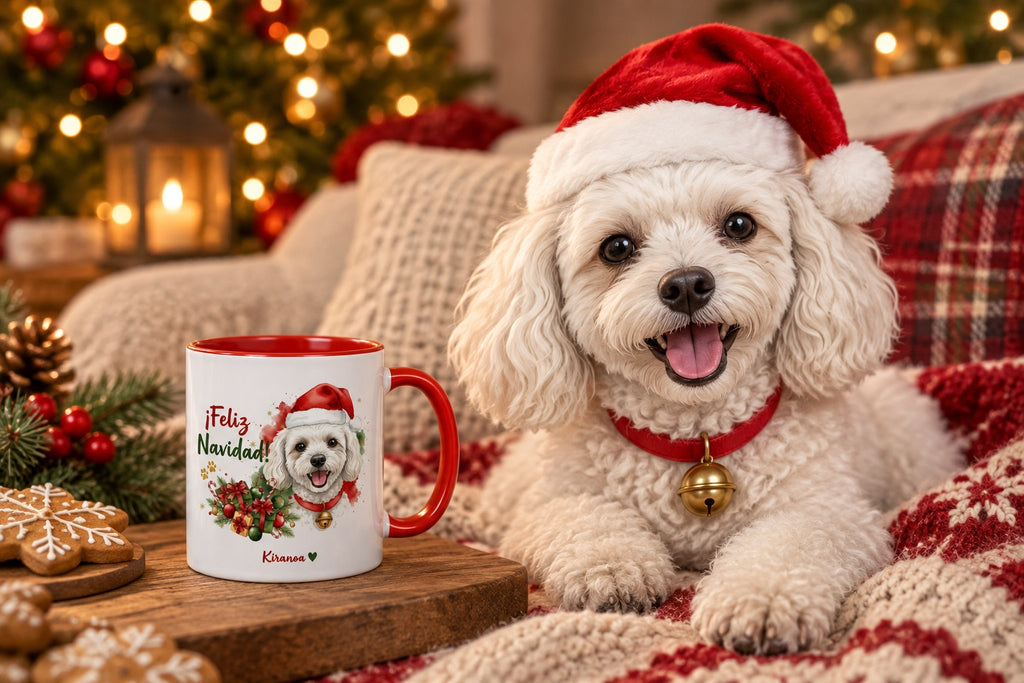 Caniche Toy junto a taza roja de Navidad con ilustración en acuarela escena lifestyle Kiranoa