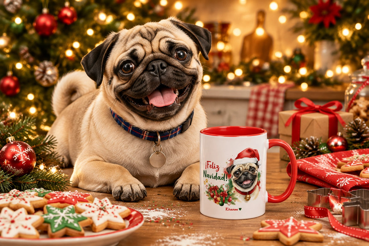Carlino junto a taza roja de Navidad con ilustración en acuarela escena lifestyle Kiranoa