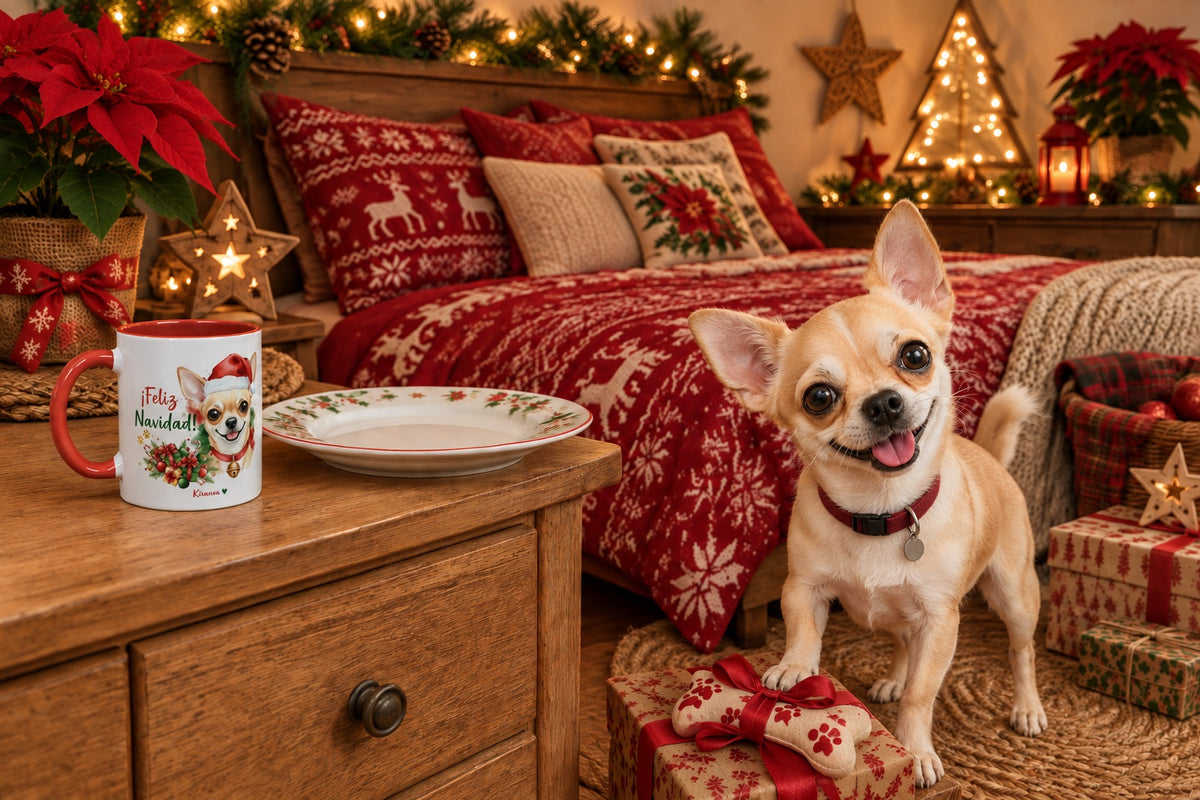 Chihuahua junto a taza roja de Navidad con ilustración en acuarela escena lifestyle Kiranoa