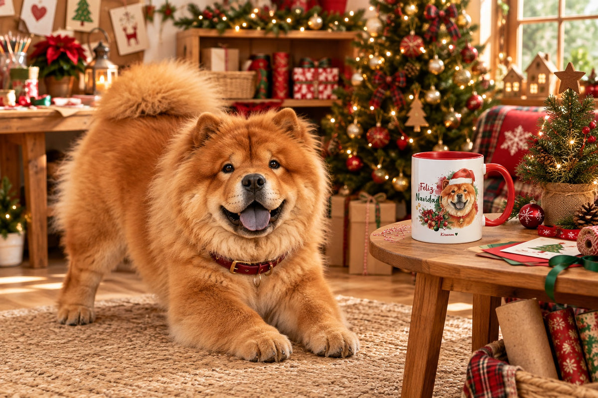 Chow Chow junto a taza roja de Navidad con ilustración en acuarela escena lifestyle Kiranoa