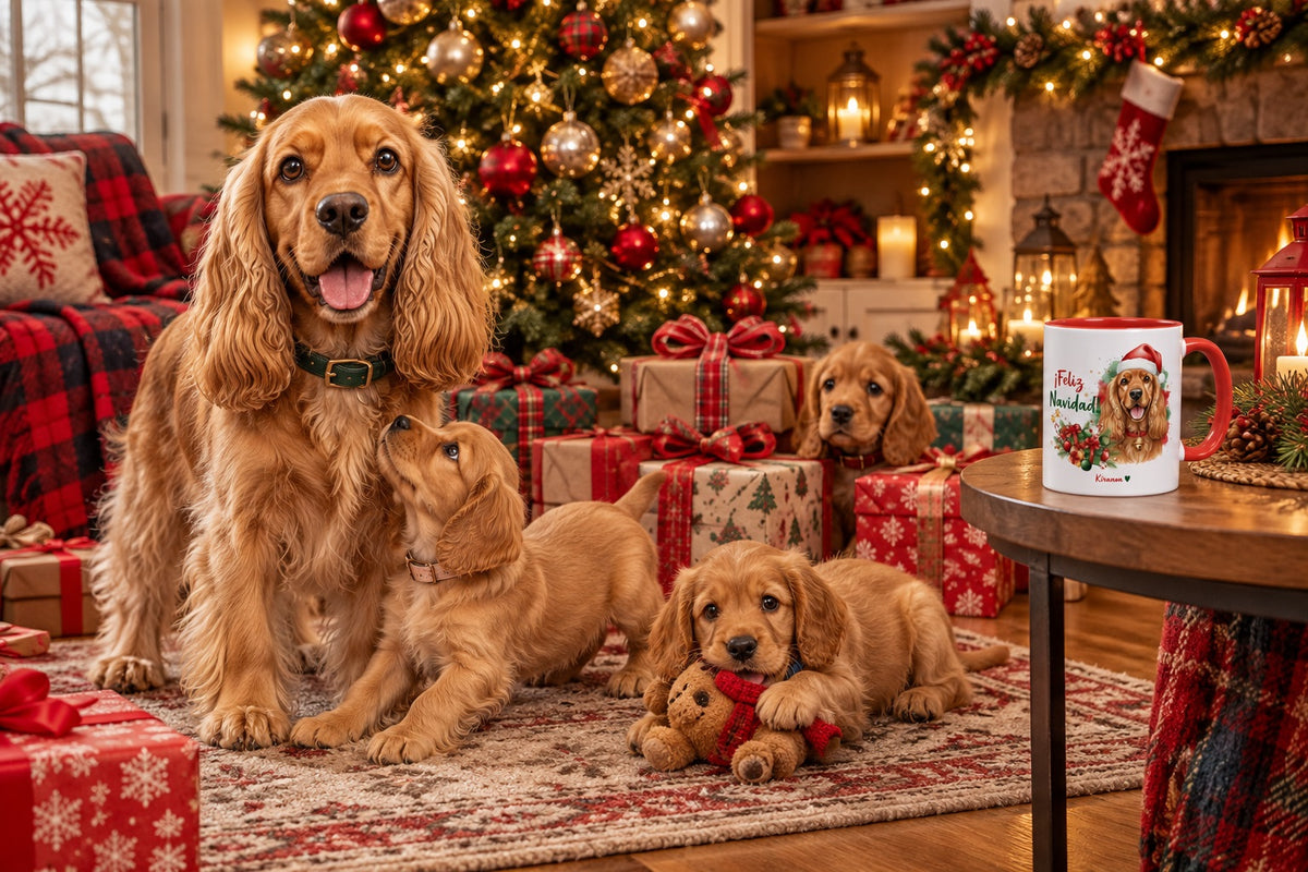 Cocker Spaniel Inglés Dorado junto a taza roja de Navidad con ilustración en acuarela escena lifestyle Kiranoa