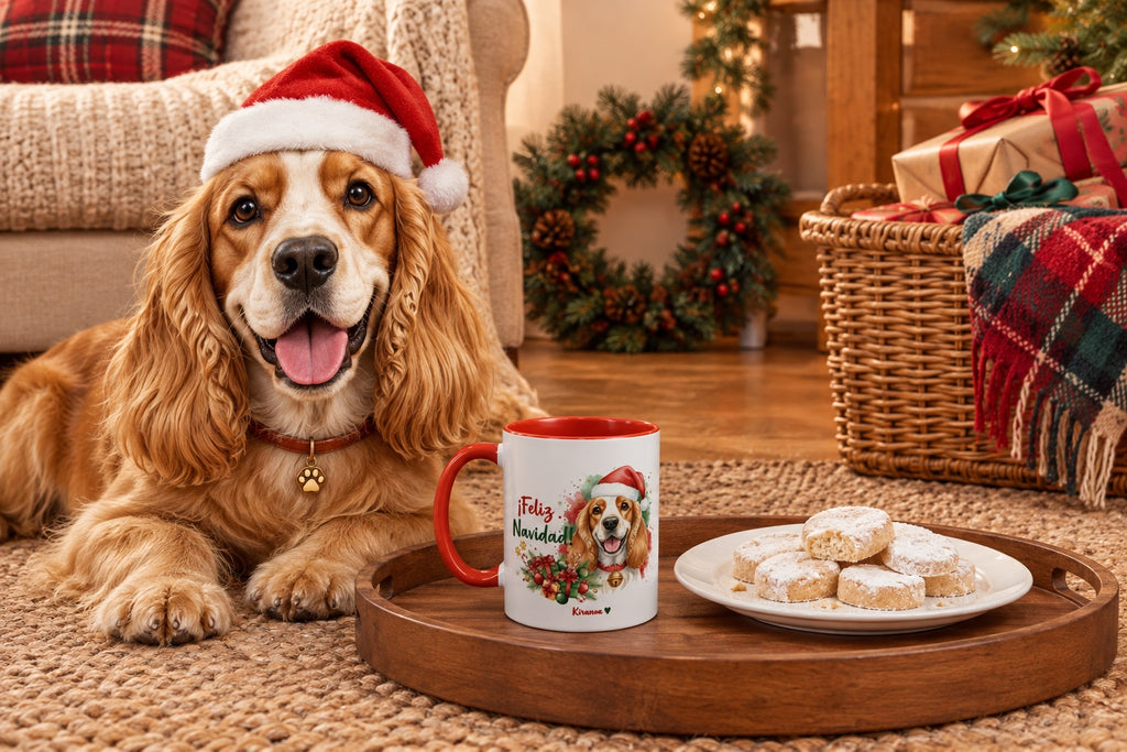 Cocker Spaniel Inglés junto a taza roja de Navidad con ilustración en acuarela escena lifestyle Kiranoa