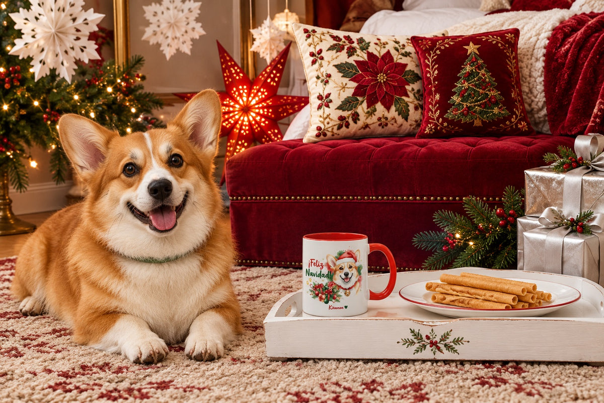 Corgi junto a taza roja de Navidad con ilustración en acuarela escena lifestyle Kiranoa