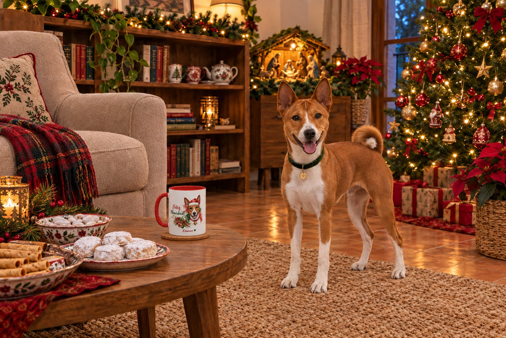 Basenji junto a taza roja de Navidad con ilustración en acuarela escena lifestyle Kiranoa