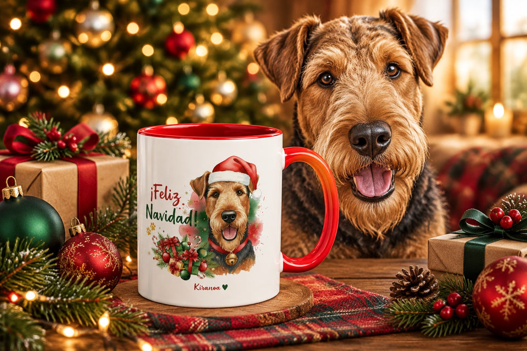 Airedale Terrier junto a taza roja de Navidad con ilustración en acuarela escena lifestyle Kiranoa