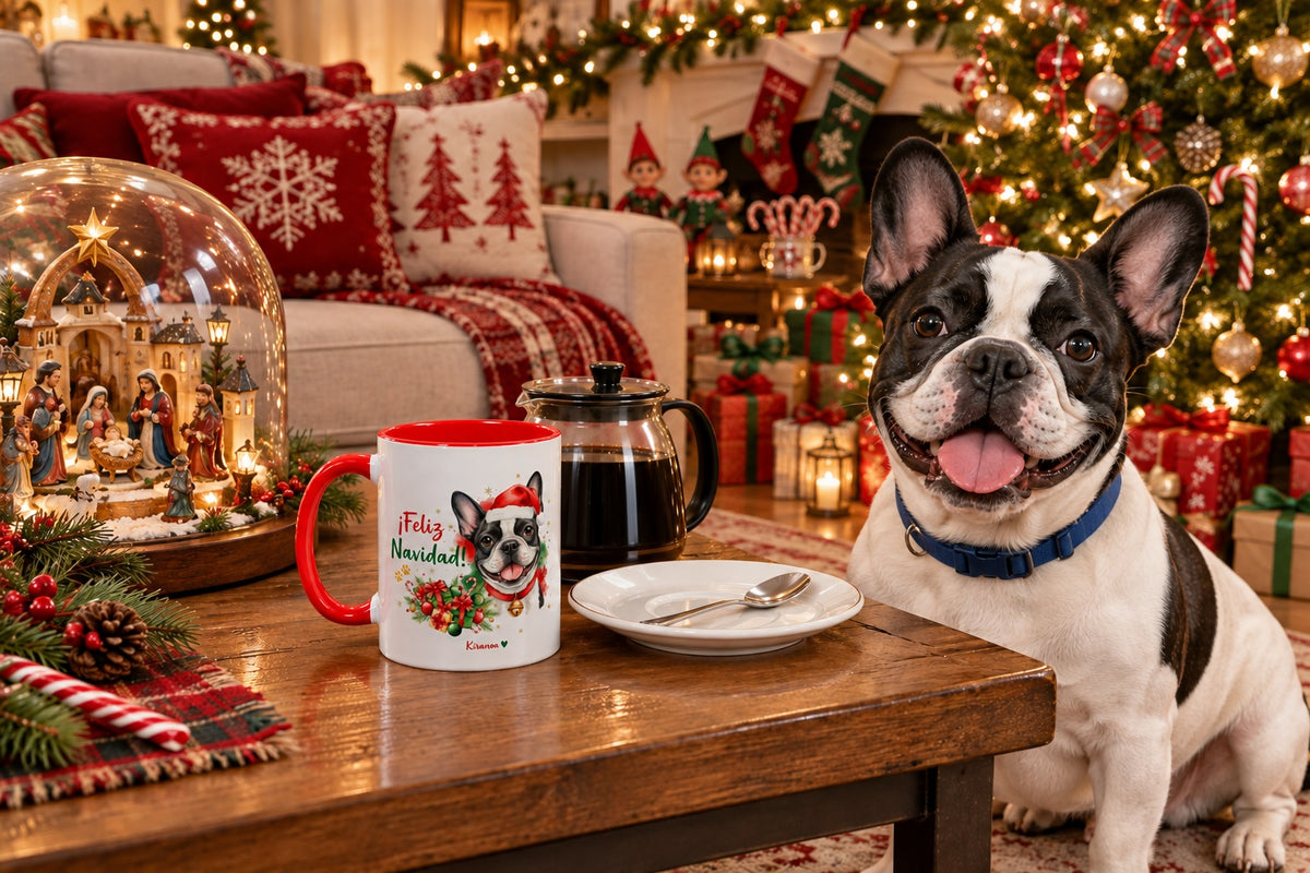Bulldog Francés junto a taza roja de Navidad con ilustración en acuarela escena lifestyle Kiranoa