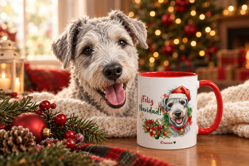 Bedlington Terrier junto a taza roja de Navidad con ilustración en acuarela escena lifestyle Kiranoa