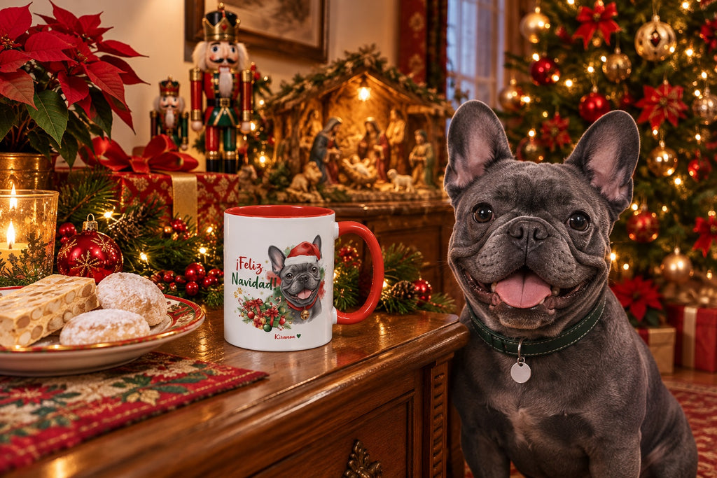 Bulldog Francés Blue junto a taza roja de Navidad con ilustración en acuarela escena lifestyle Kiranoa