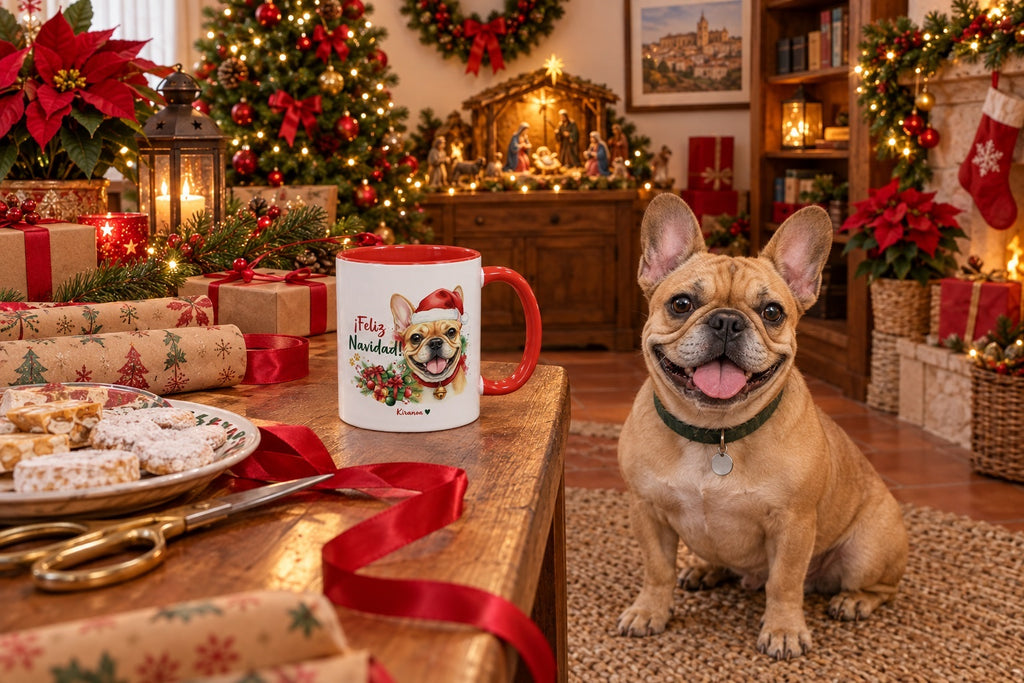 Bulldog Francés Fawn junto a taza roja de Navidad con ilustración en acuarela escena lifestyle Kiranoa
