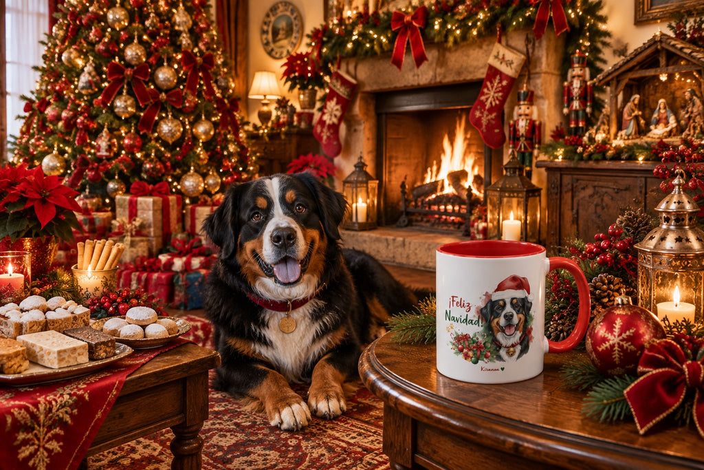 Boyero de Berna junto a taza roja de Navidad con ilustración en acuarela escena lifestyle Kiranoa