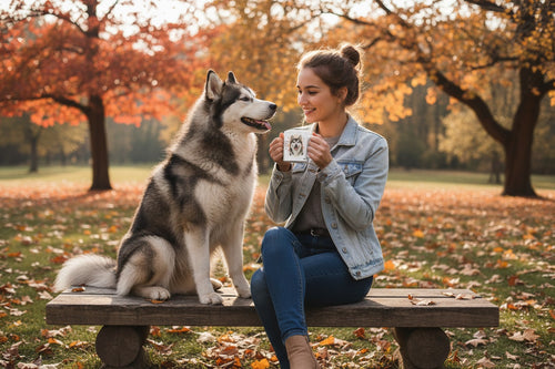 Alaska Malamute junto a taza cerámica con ilustración en acuarela – escena lifestyle Kiranoa