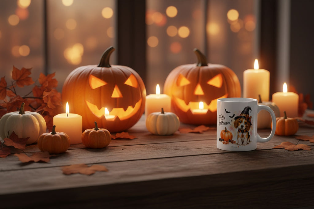 Escena Halloween con taza cerámica Beagle entre calabazas y velas vista lifestyle Kiranoa