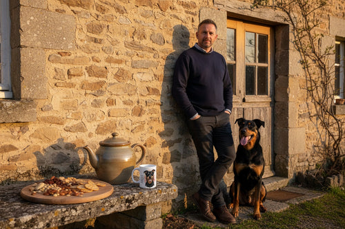 Beauceron junto a taza cerámica con ilustración en acuarela – escena lifestyle Kiranoa