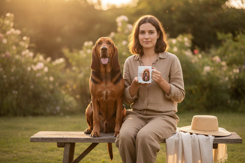 Bloodhound junto a taza cerámica con ilustración en acuarela – escena lifestyle Kiranoa