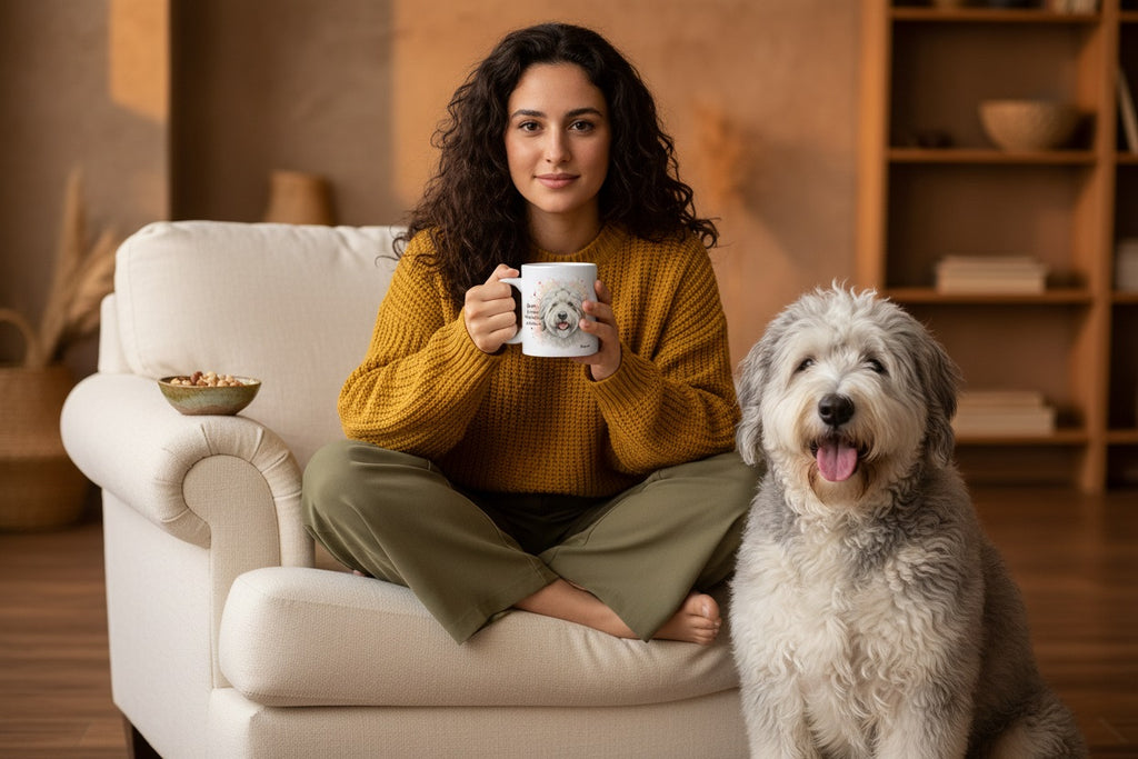 Bobtail junto a taza cerámica con ilustración en acuarela – escena lifestyle Kiranoa