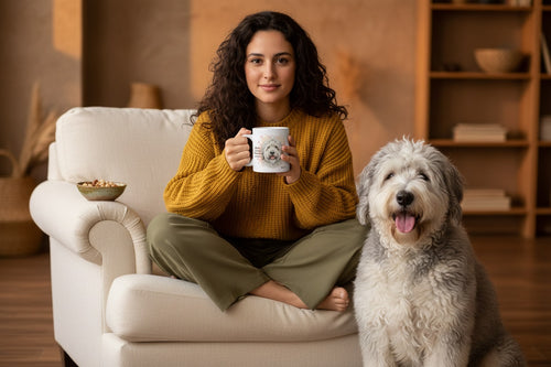 Bobtail junto a taza cerámica con ilustración en acuarela – escena lifestyle Kiranoa