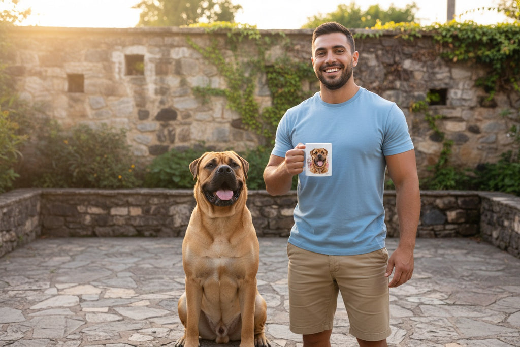Boerboel junto a taza cerámica con ilustración en acuarela – escena lifestyle Kiranoa