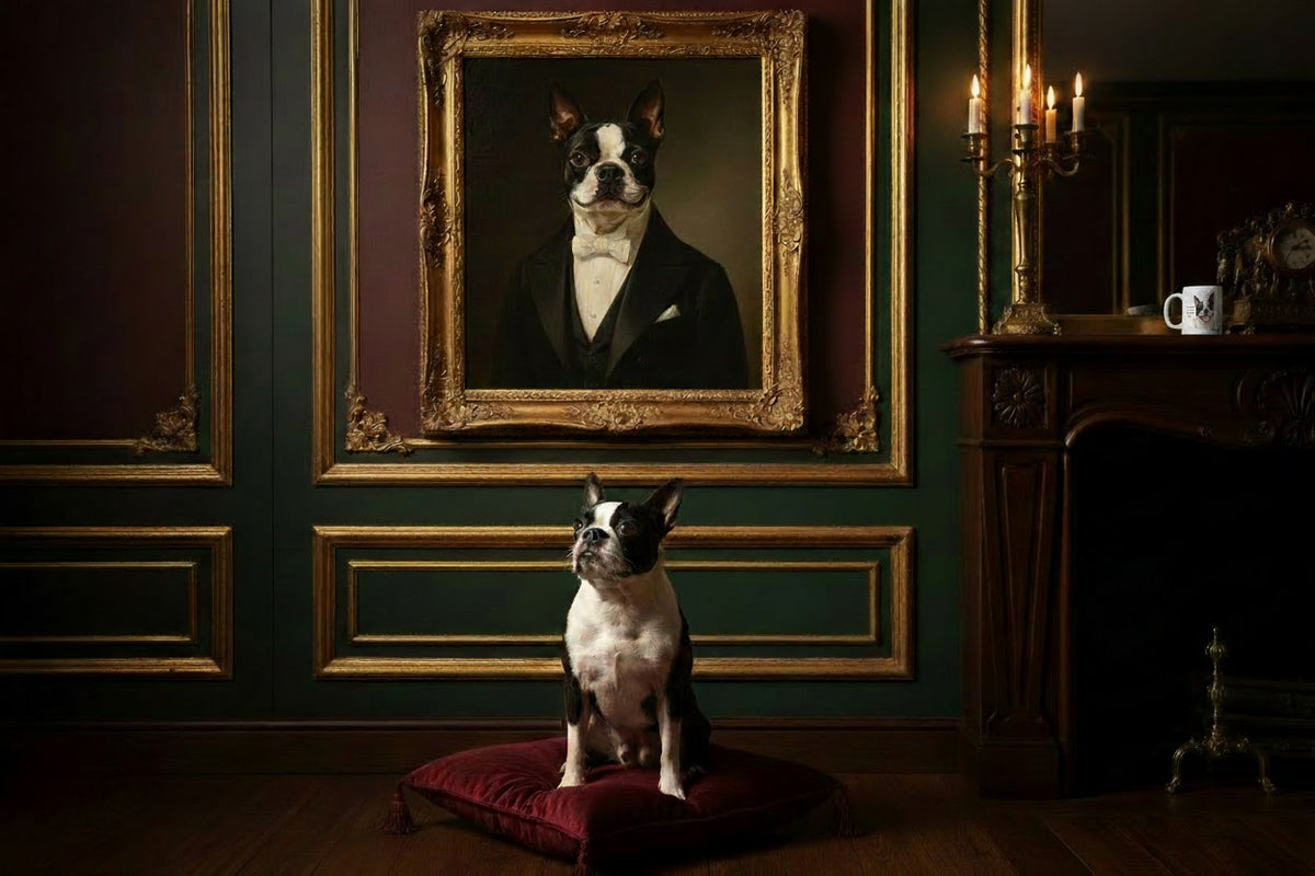 Boston Terrier junto a taza cerámica con ilustración en acuarela – escena lifestyle Kiranoa