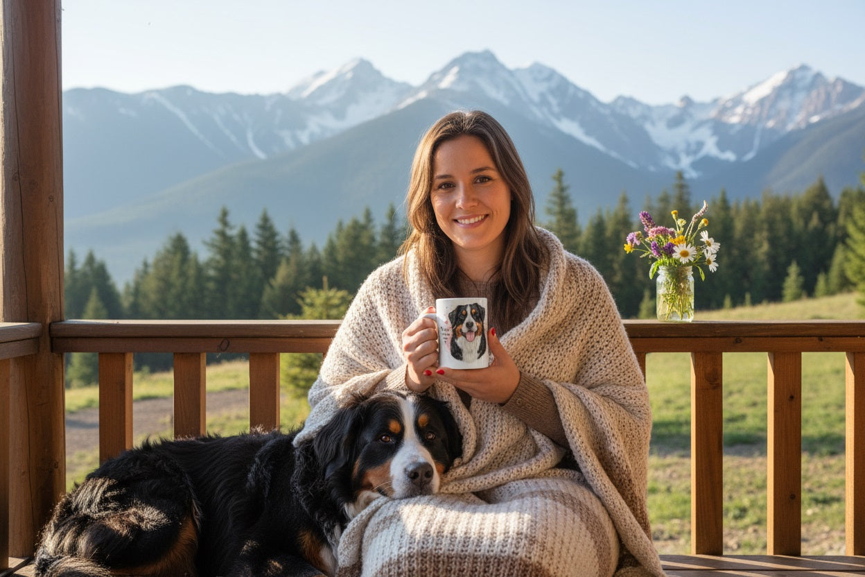 Boyero de Berna junto a taza cerámica con ilustración en acuarela – escena lifestyle Kiranoa