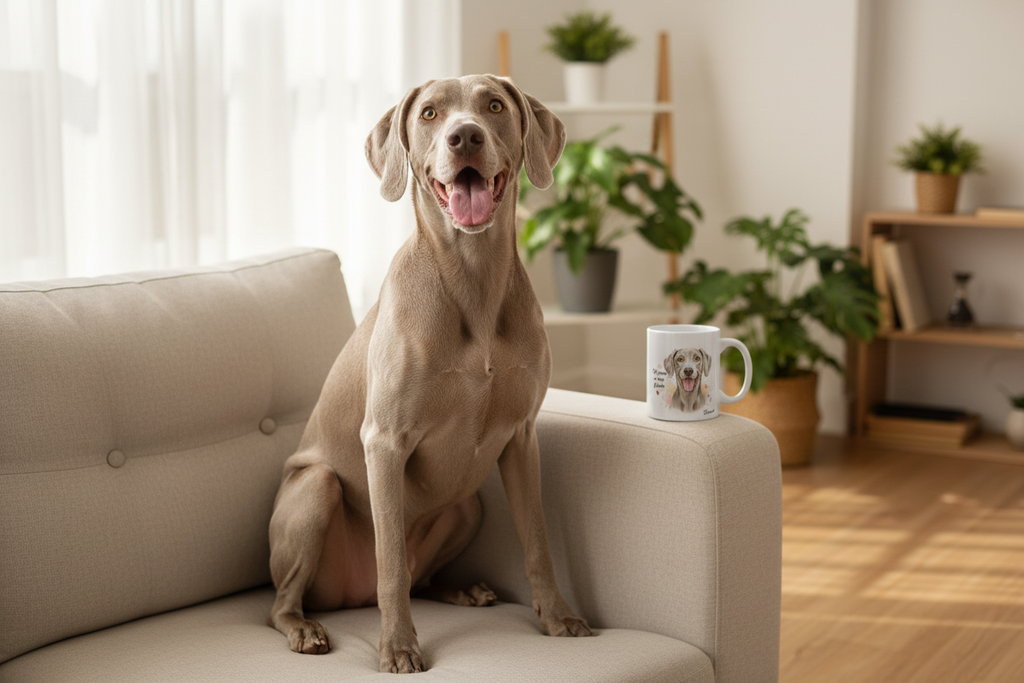 Braco de Weimar junto a taza cerámica con ilustración en acuarela – escena lifestyle Kiranoa