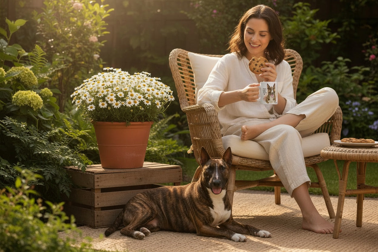 Bull Terrier atigrado en jardín con margaritas junto a su dueña con taza Kiranoa — Distante con todos, especial conmigo
