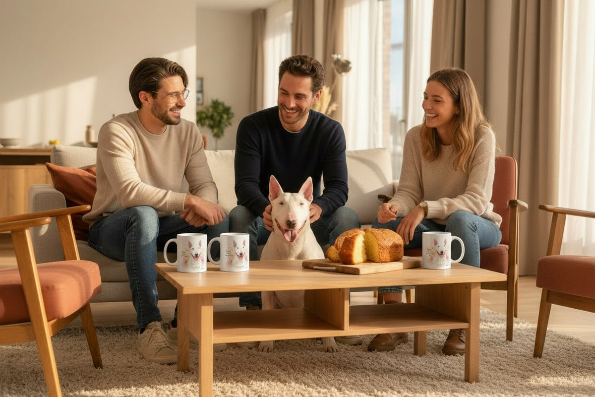 Bull Terrier blanco junto a taza cerámica con ilustración en acuarela – escena lifestyle Kiranoa