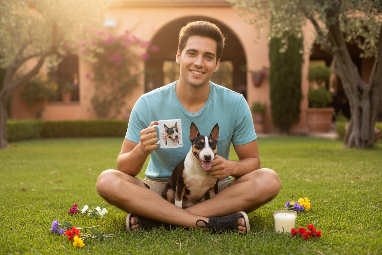 Bull Terrier Miniatura junto a taza cerámica con ilustración en acuarela – escena lifestyle Kiranoa