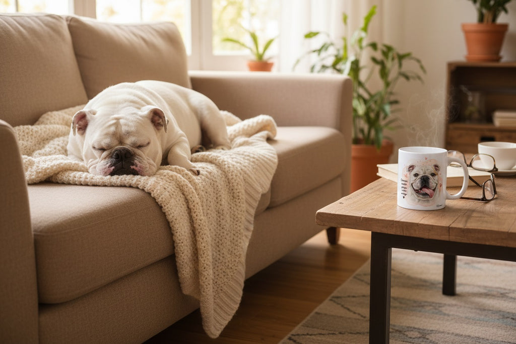 Bulldog Inglés durmiendo junto a su dueño con taza Kiranoa — Duermo mucho porque sueño contigo