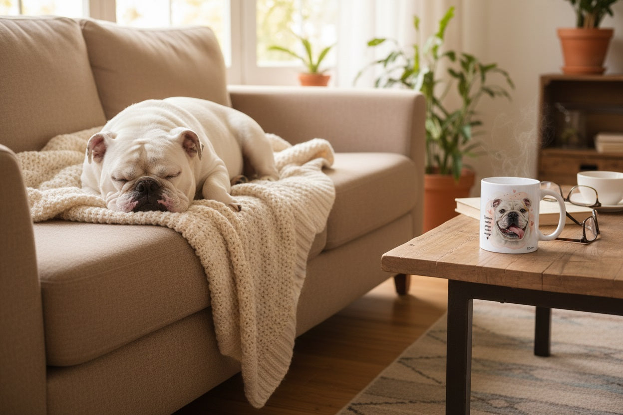 Bulldog Inglés durmiendo junto a su dueño con taza Kiranoa — Duermo mucho porque sueño contigo