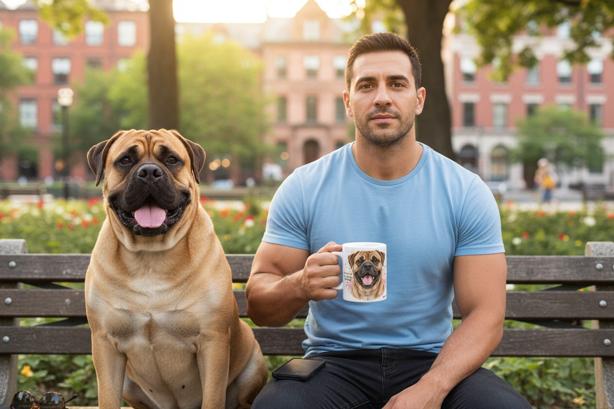 Bullmastiff junto a taza cerámica con ilustración en acuarela – escena lifestyle Kiranoa