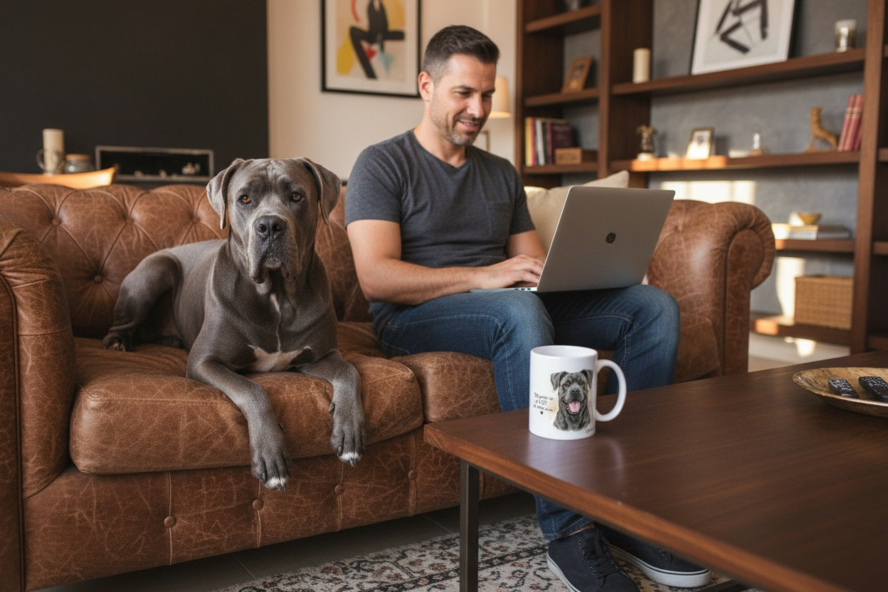 Cane Corso gris teletrabajando en el sofá junto a su dueño con taza Kiranoa — Mi perro es el CEO de esta casa