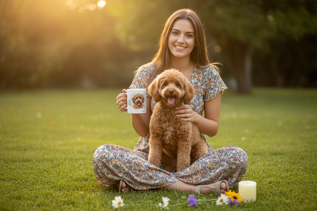 Caniche Albaricoque junto a taza cerámica con ilustración en acuarela – escena lifestyle Kiranoa