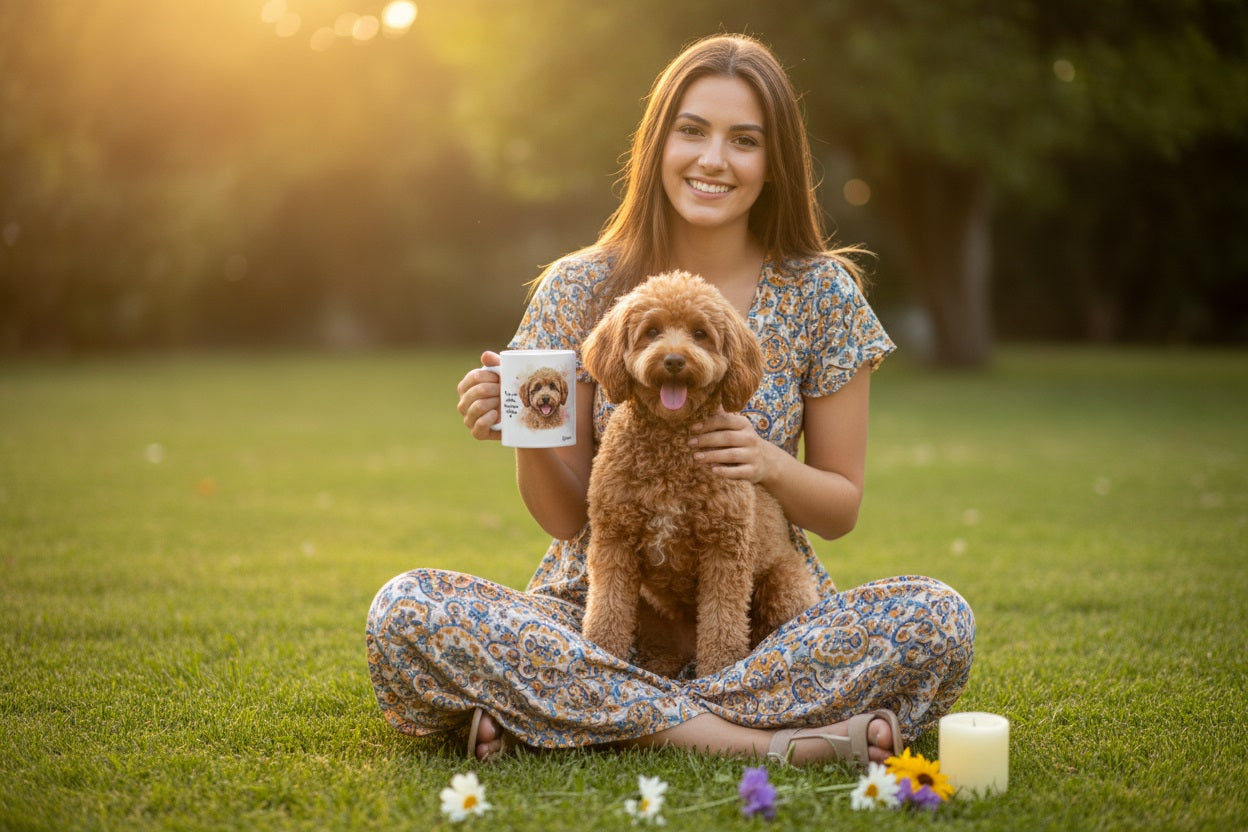 Caniche Albaricoque junto a taza cerámica con ilustración en acuarela – escena lifestyle Kiranoa